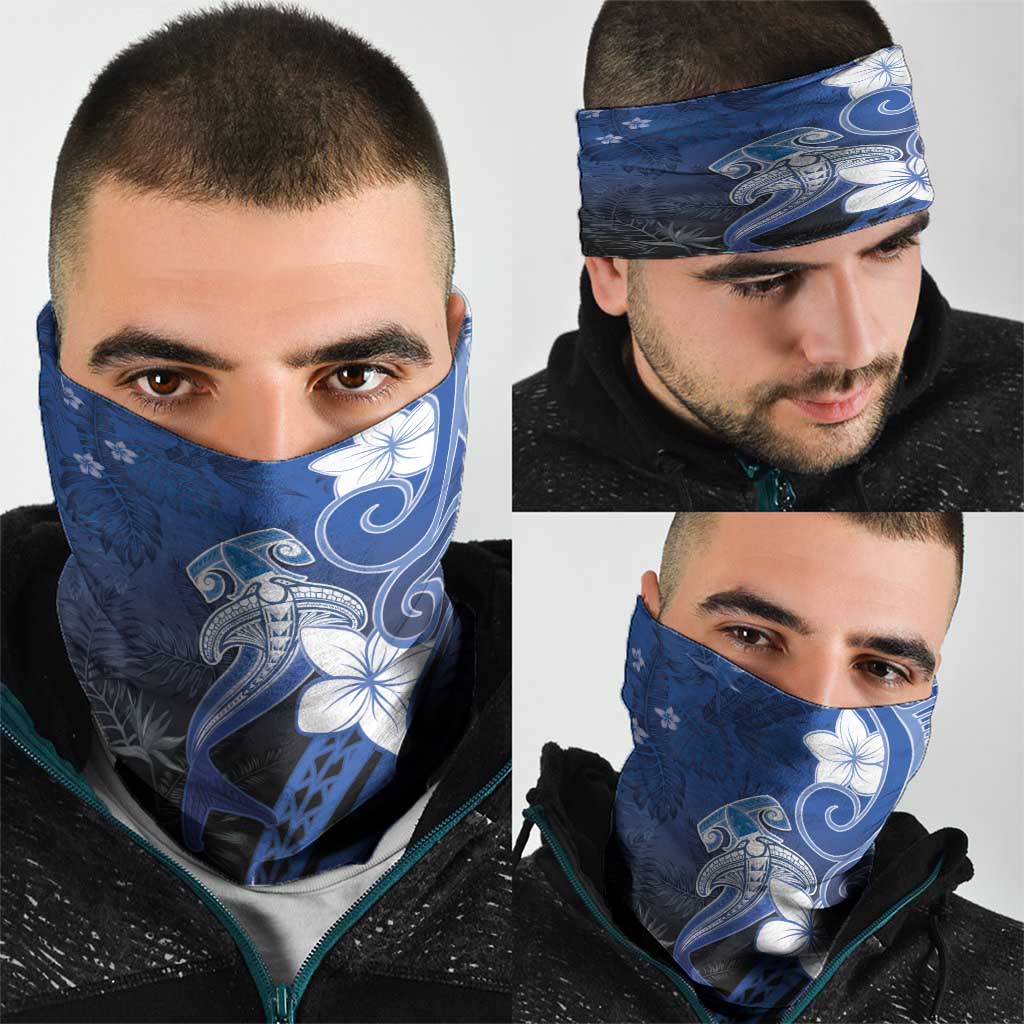 Polynesia Hammerhead Shark Neck Gaiter Blue Tribal Pattern With Plumeria - Polynesian Pride