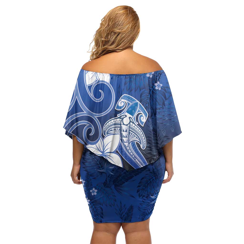 Polynesia Hammerhead Shark Off Shoulder Short Dress Blue Tribal Pattern With Plumeria LT05 - Polynesian Pride