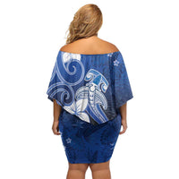 Polynesia Hammerhead Shark Off Shoulder Short Dress Blue Tribal Pattern With Plumeria LT05 - Polynesian Pride