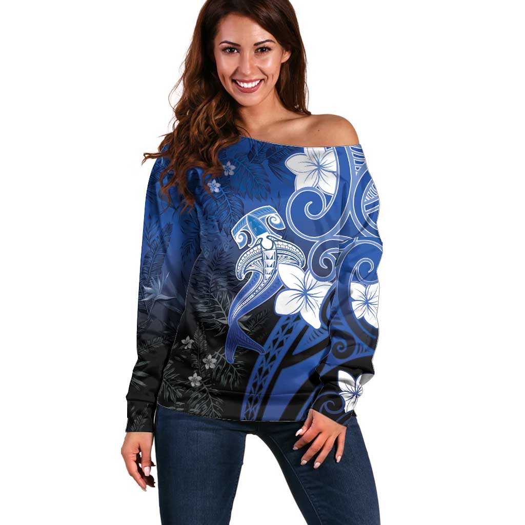 Polynesia Hammerhead Shark Off Shoulder Sweater Blue Tribal Pattern With Plumeria - Polynesian Pride
