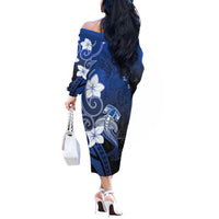 Polynesia Hammerhead Shark Off The Shoulder Long Sleeve Dress Blue Tribal Pattern With Plumeria LT05 - Polynesian Pride