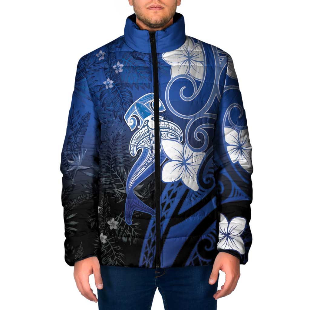 Polynesia Hammerhead Shark Padded Jacket Blue Tribal Pattern With Plumeria LT05 Men Blue - Polynesian Pride