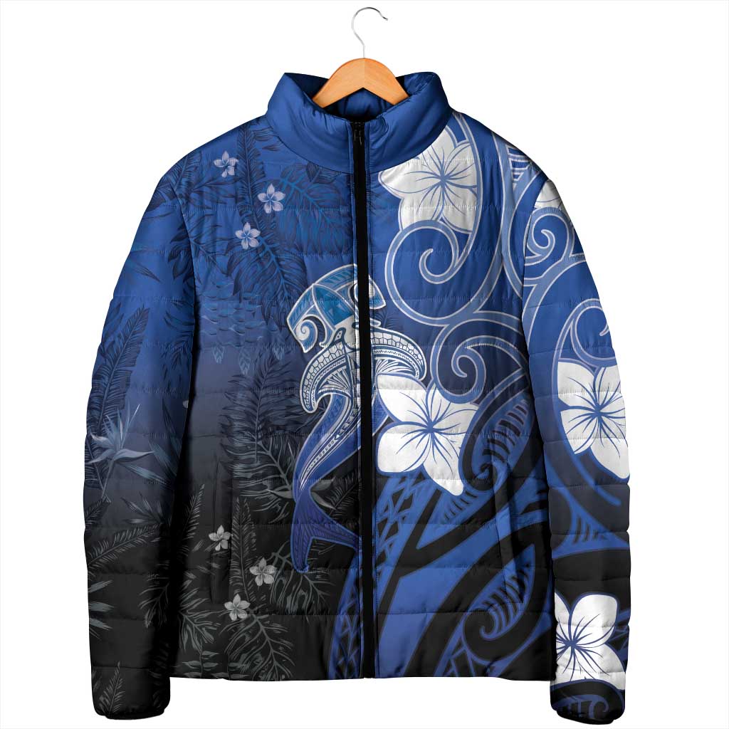 Polynesia Hammerhead Shark Padded Jacket Blue Tribal Pattern With Plumeria LT05 - Polynesian Pride