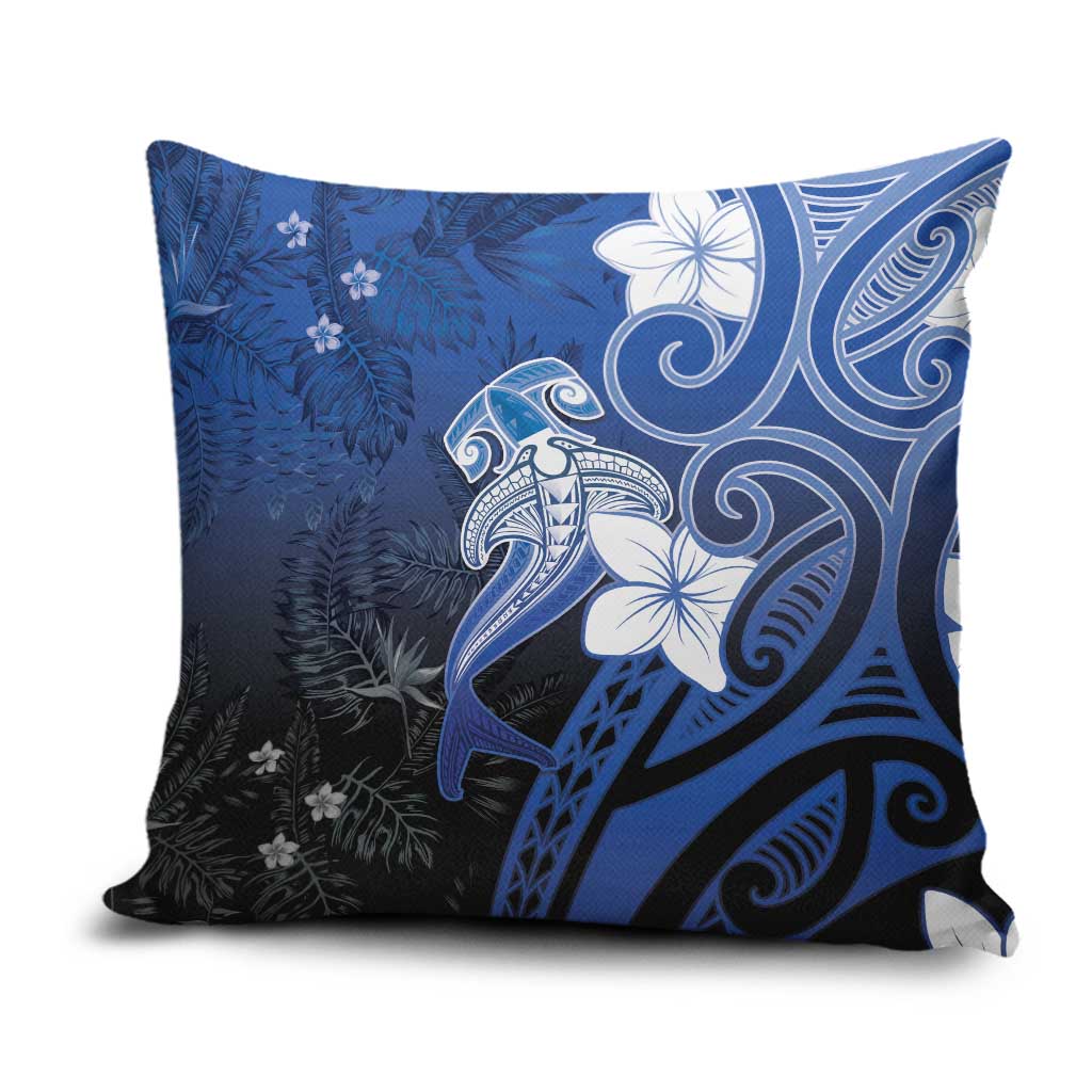 Polynesia Hammerhead Shark Pillow Cover Blue Tribal Pattern With Plumeria - Polynesian Pride