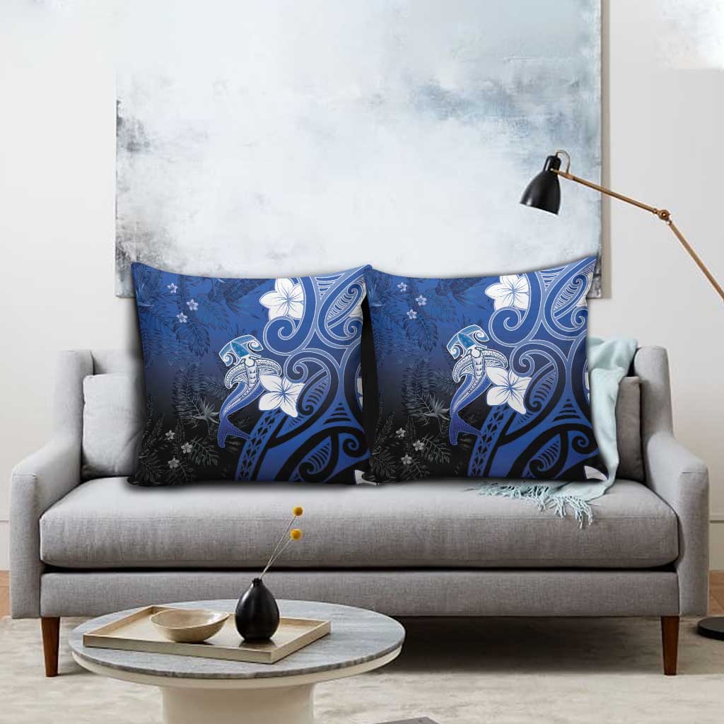 Polynesia Hammerhead Shark Pillow Cover Blue Tribal Pattern With Plumeria - Polynesian Pride