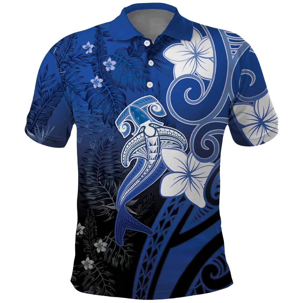 Polynesia Hammerhead Shark Polo Shirt Blue Tribal Pattern With Plumeria - Polynesian Pride