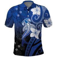 Polynesia Hammerhead Shark Polo Shirt Blue Tribal Pattern With Plumeria - Polynesian Pride