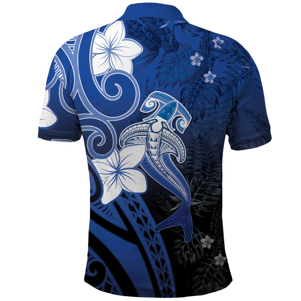 Polynesia Hammerhead Shark Polo Shirt Blue Tribal Pattern With Plumeria - Polynesian Pride