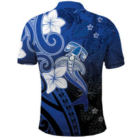 Polynesia Hammerhead Shark Polo Shirt Blue Tribal Pattern With Plumeria - Polynesian Pride