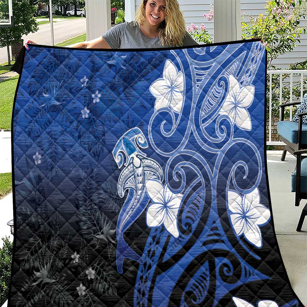 Polynesia Hammerhead Shark Quilt Blue Tribal Pattern With Plumeria - Polynesian Pride