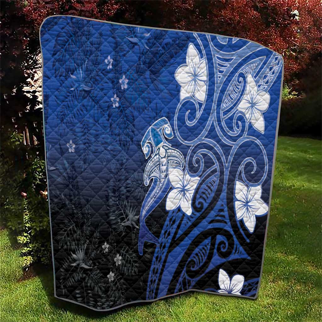 Polynesia Hammerhead Shark Quilt Blue Tribal Pattern With Plumeria - Polynesian Pride