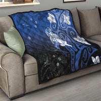 Polynesia Hammerhead Shark Quilt Blue Tribal Pattern With Plumeria - Polynesian Pride