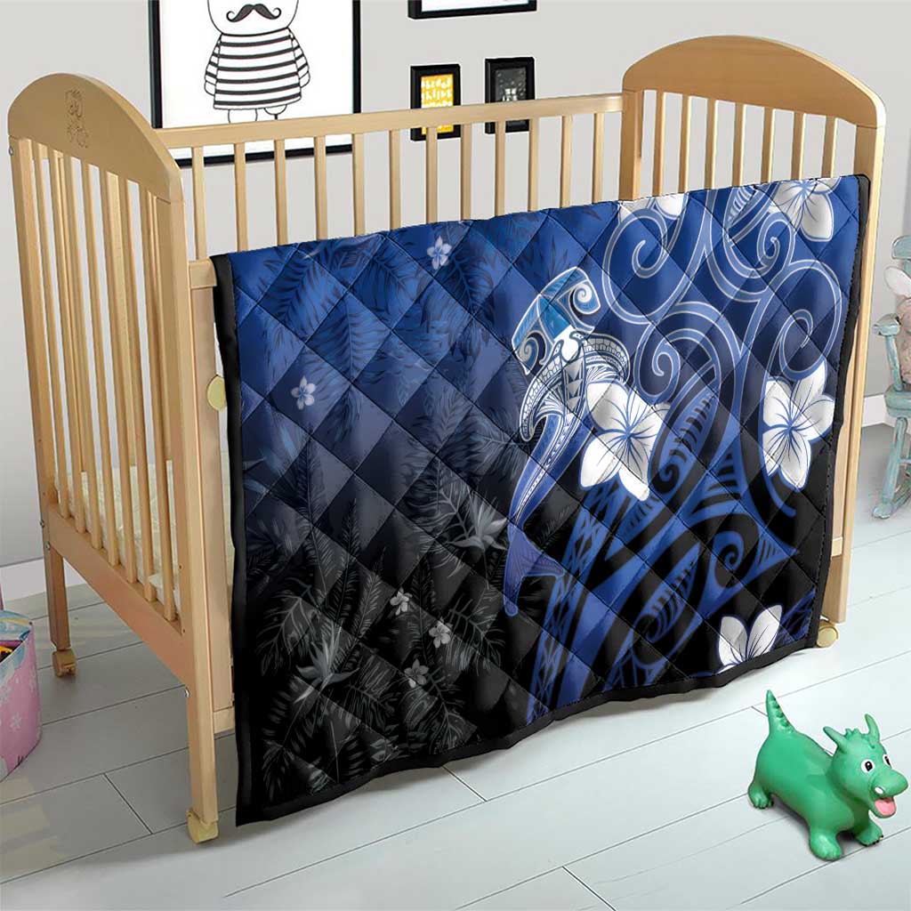 Polynesia Hammerhead Shark Quilt Blue Tribal Pattern With Plumeria - Polynesian Pride