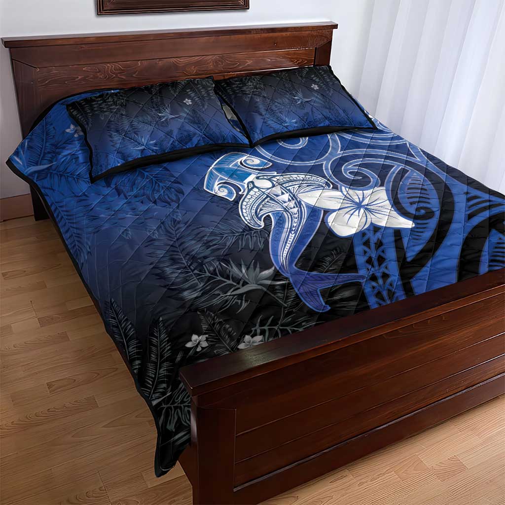 Polynesia Hammerhead Shark Quilt Bed Set Blue Tribal Pattern With Plumeria - Polynesian Pride