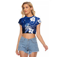 Polynesia Hammerhead Shark Raglan Cropped T Shirt Blue Tribal Pattern With Plumeria - Polynesian Pride
