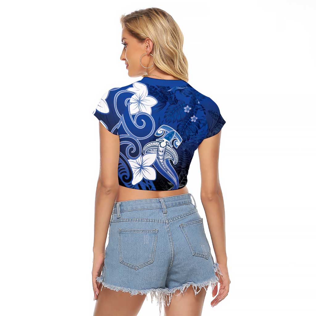 Polynesia Hammerhead Shark Raglan Cropped T Shirt Blue Tribal Pattern With Plumeria - Polynesian Pride