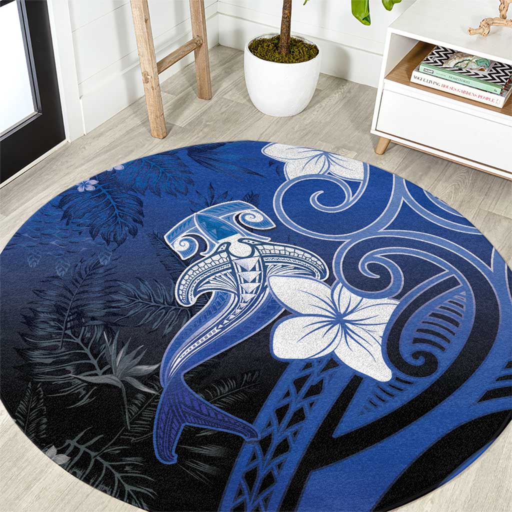 Polynesia Hammerhead Shark Round Carpet Blue Tribal Pattern With Plumeria - Polynesian Pride