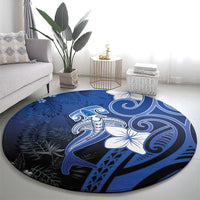 Polynesia Hammerhead Shark Round Carpet Blue Tribal Pattern With Plumeria - Polynesian Pride