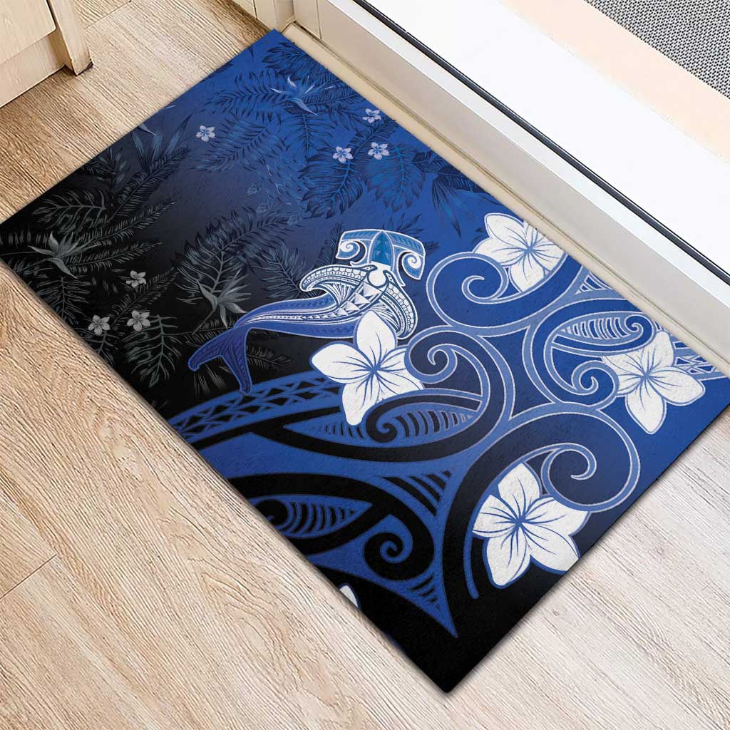 Polynesia Hammerhead Shark Rubber Doormat Blue Tribal Pattern With Plumeria LT05 - Polynesian Pride