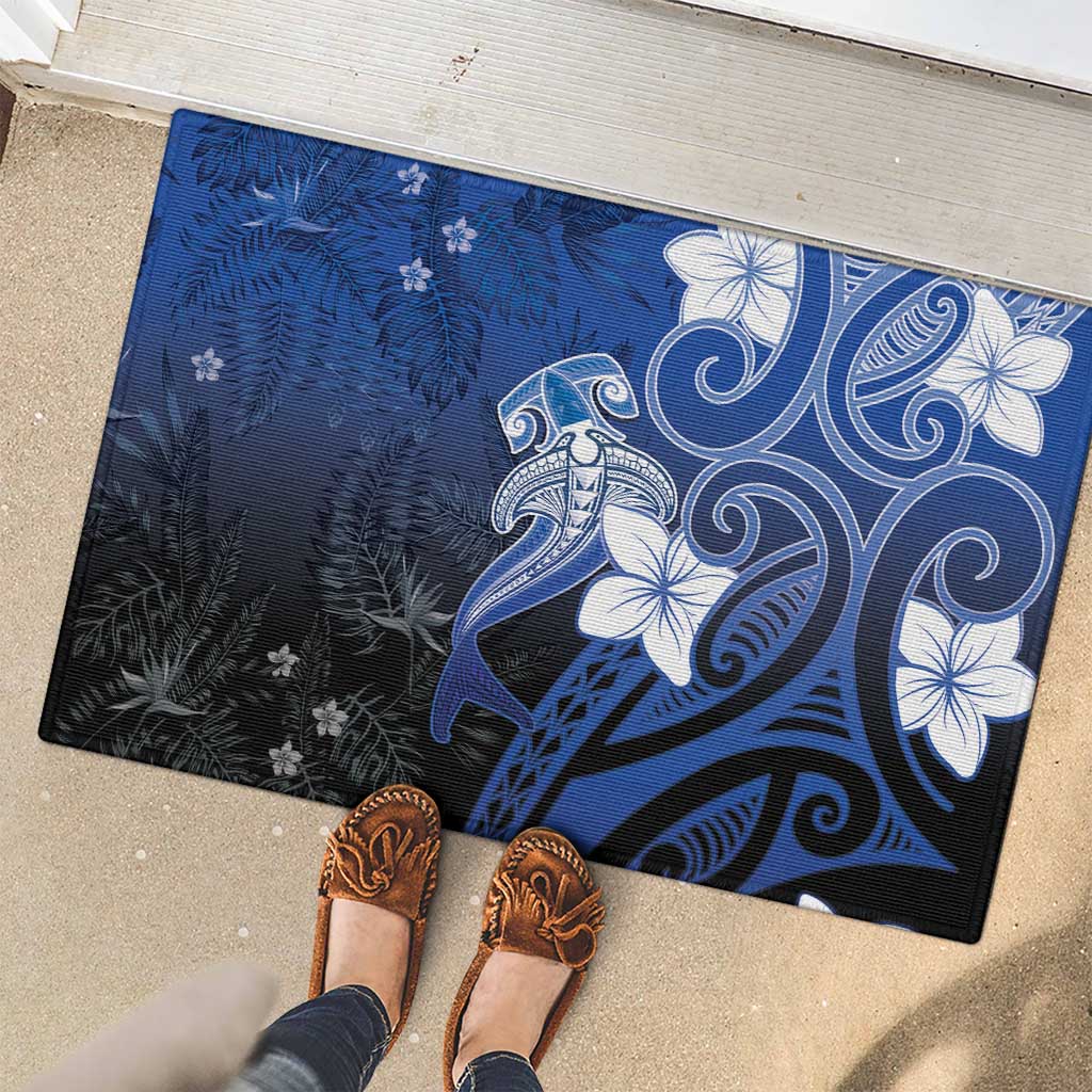 Polynesia Hammerhead Shark Rubber Doormat Blue Tribal Pattern With Plumeria LT05 - Polynesian Pride