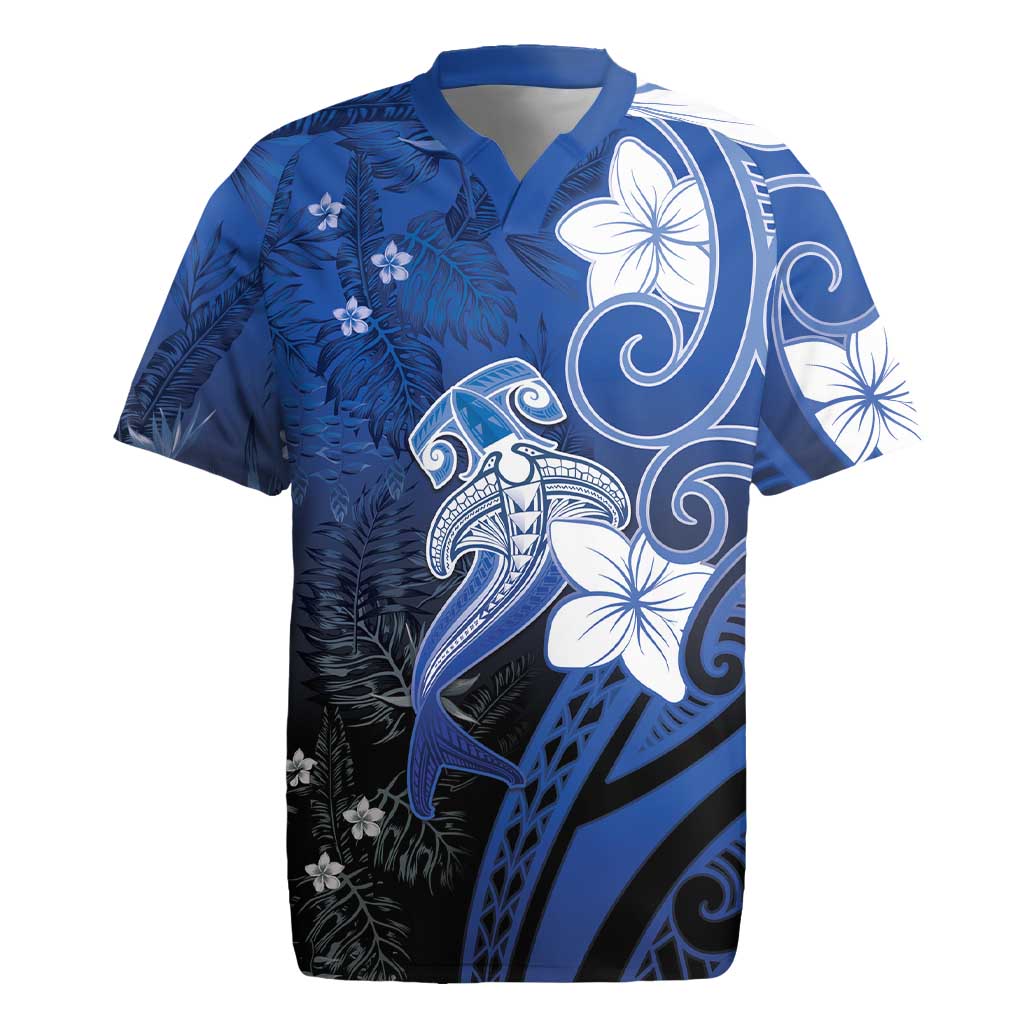 Polynesia Hammerhead Shark Rugby Jersey Blue Tribal Pattern With Plumeria - Polynesian Pride