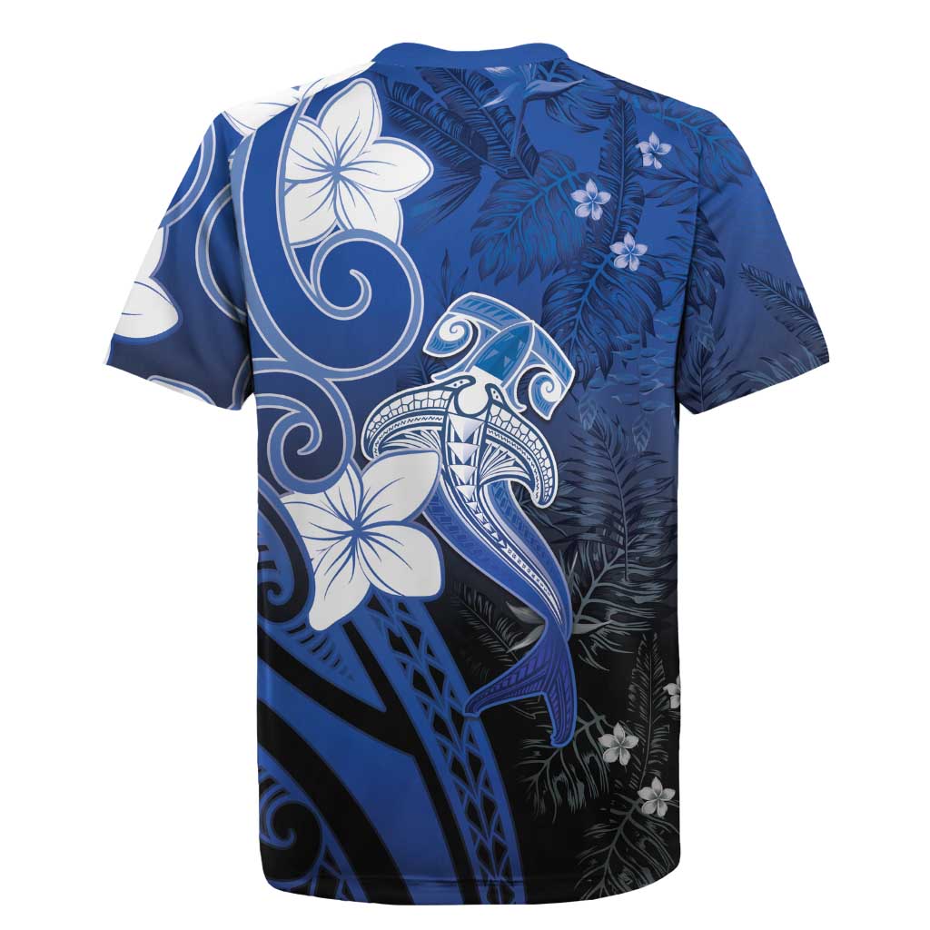 Polynesia Hammerhead Shark Rugby Jersey Blue Tribal Pattern With Plumeria - Polynesian Pride