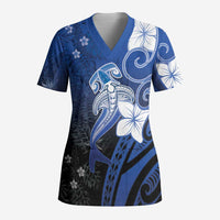 Polynesia Hammerhead Shark Scrub Top Blue Tribal Pattern With Plumeria LT05 Adult Blue - Polynesian Pride