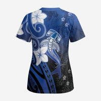Polynesia Hammerhead Shark Scrub Top Blue Tribal Pattern With Plumeria LT05 - Polynesian Pride