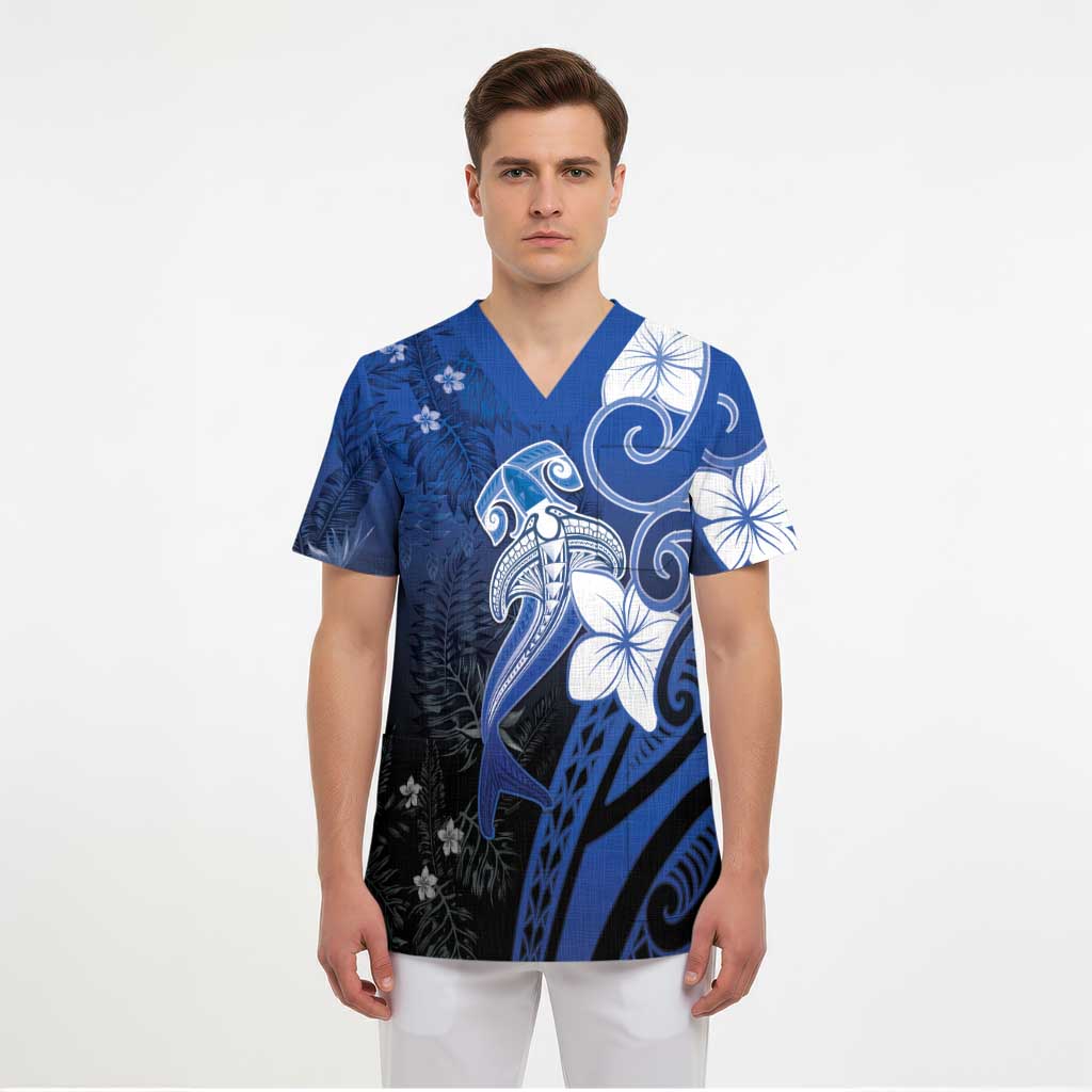Polynesia Hammerhead Shark Scrub Top Blue Tribal Pattern With Plumeria LT05 - Polynesian Pride