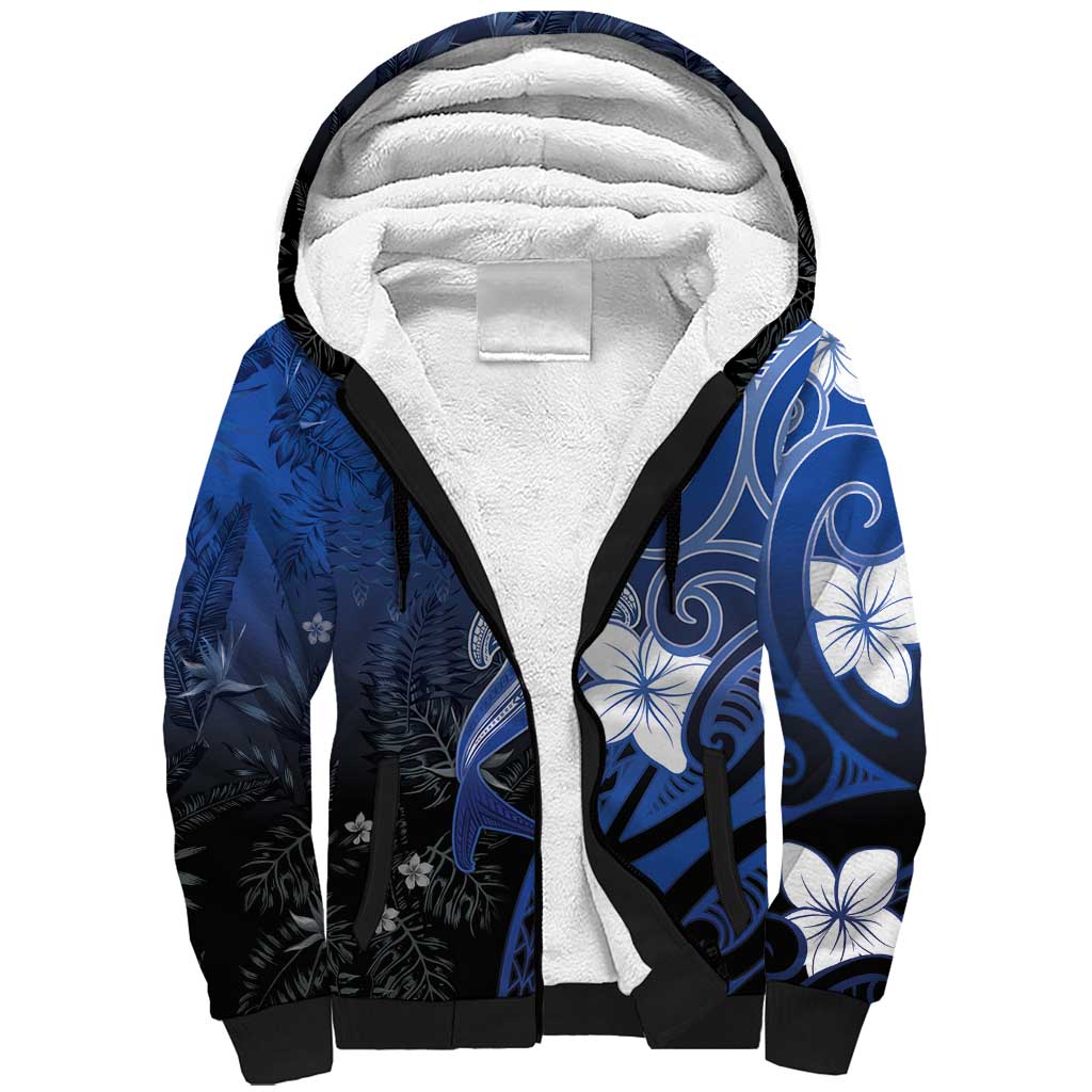 Polynesia Hammerhead Shark Sherpa Hoodie Blue Tribal Pattern With Plumeria - Polynesian Pride