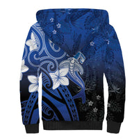 Polynesia Hammerhead Shark Sherpa Hoodie Blue Tribal Pattern With Plumeria - Polynesian Pride