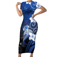 Polynesia Hammerhead Shark Short Sleeve Bodycon Dress Blue Tribal Pattern With Plumeria LT05 Long Dress Blue - Polynesian Pride