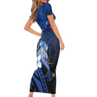 Polynesia Hammerhead Shark Short Sleeve Bodycon Dress Blue Tribal Pattern With Plumeria LT05 - Polynesian Pride