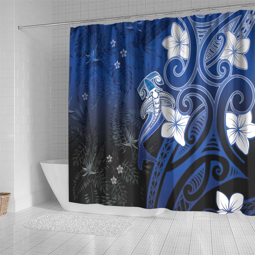 Polynesia Hammerhead Shark Shower Curtain Blue Tribal Pattern With Plumeria - Polynesian Pride