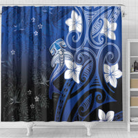 Polynesia Hammerhead Shark Shower Curtain Blue Tribal Pattern With Plumeria - Polynesian Pride