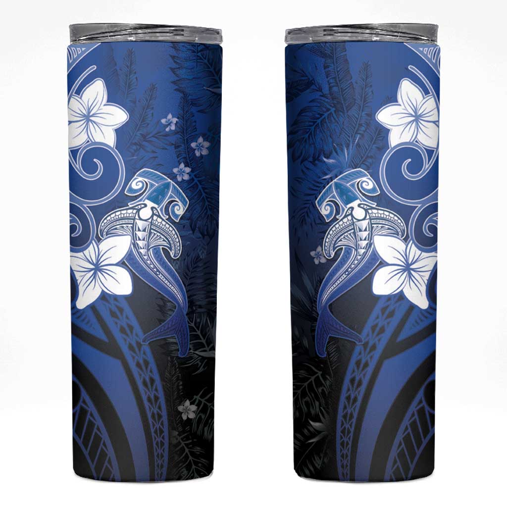 Polynesia Hammerhead Shark Skinny Tumbler Blue Tribal Pattern With Plumeria LT05 Blue - Polynesian Pride