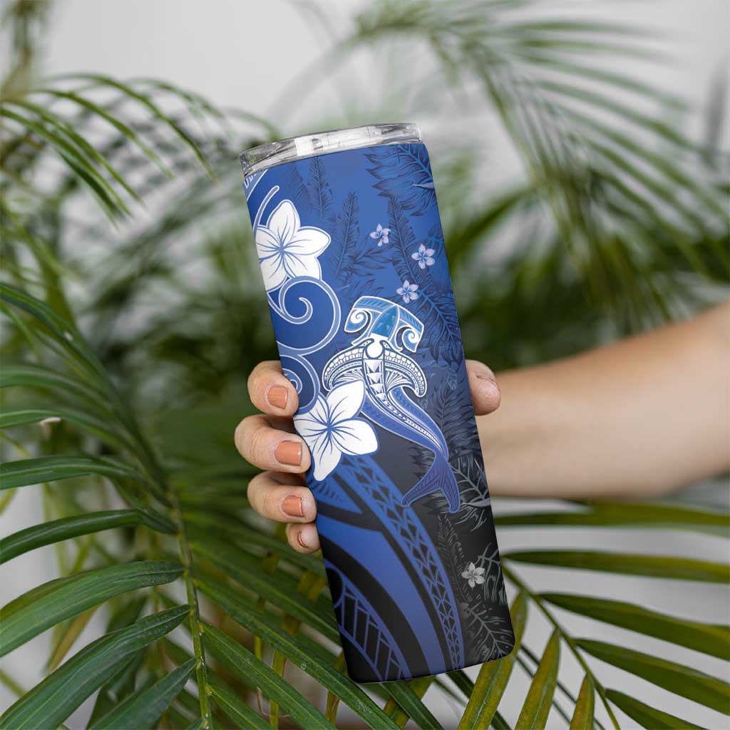 Polynesia Hammerhead Shark Skinny Tumbler Blue Tribal Pattern With Plumeria LT05 - Polynesian Pride