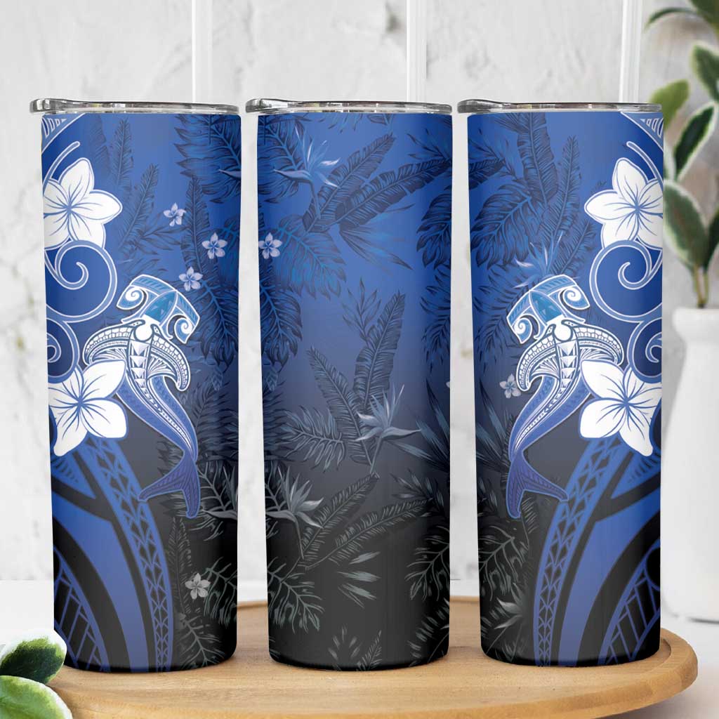 Polynesia Hammerhead Shark Skinny Tumbler Blue Tribal Pattern With Plumeria LT05 - Polynesian Pride
