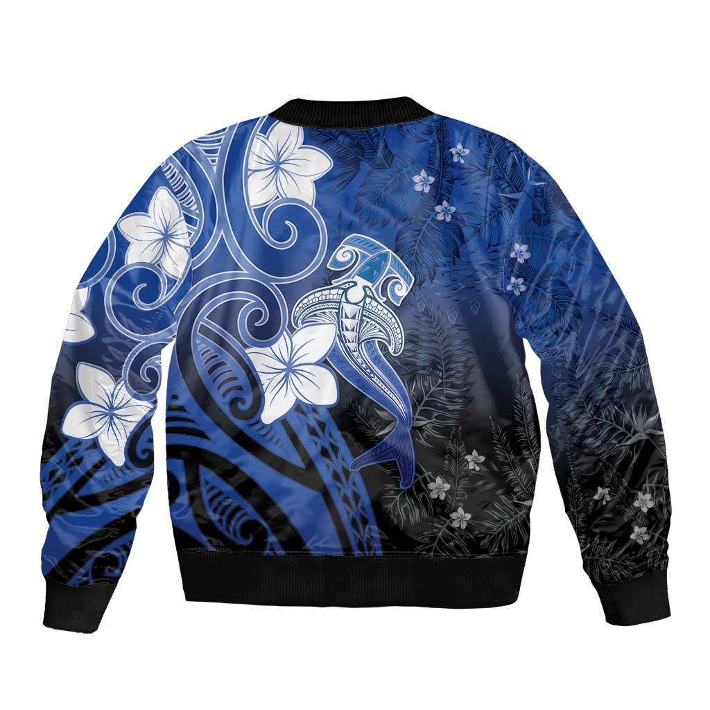 Polynesia Hammerhead Shark Sleeve Zip Bomber Jacket Blue Tribal Pattern With Plumeria - Polynesian Pride