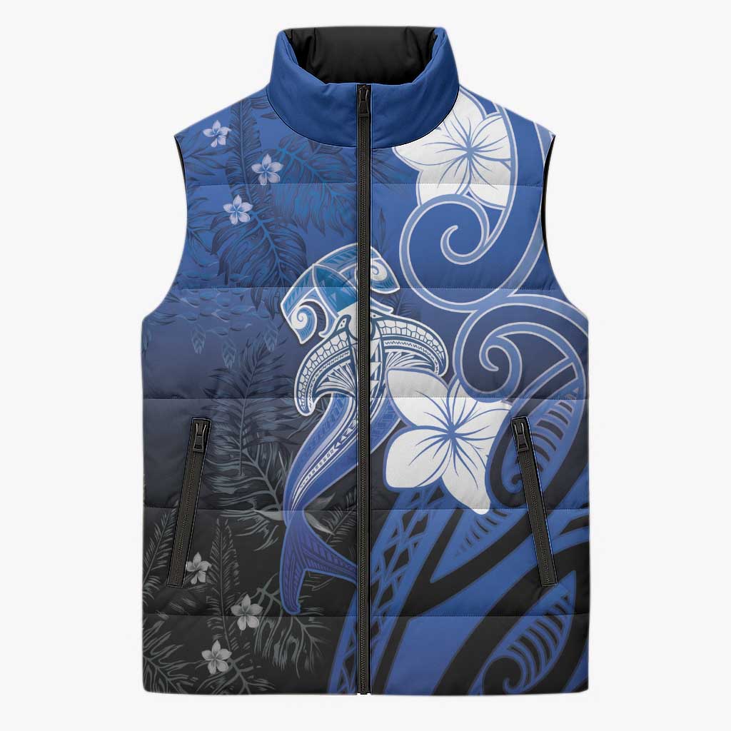 Polynesia Hammerhead Shark Sleeveless Puffer Jacket Blue Tribal Pattern With Plumeria LT05 Unisex Blue - Polynesian Pride