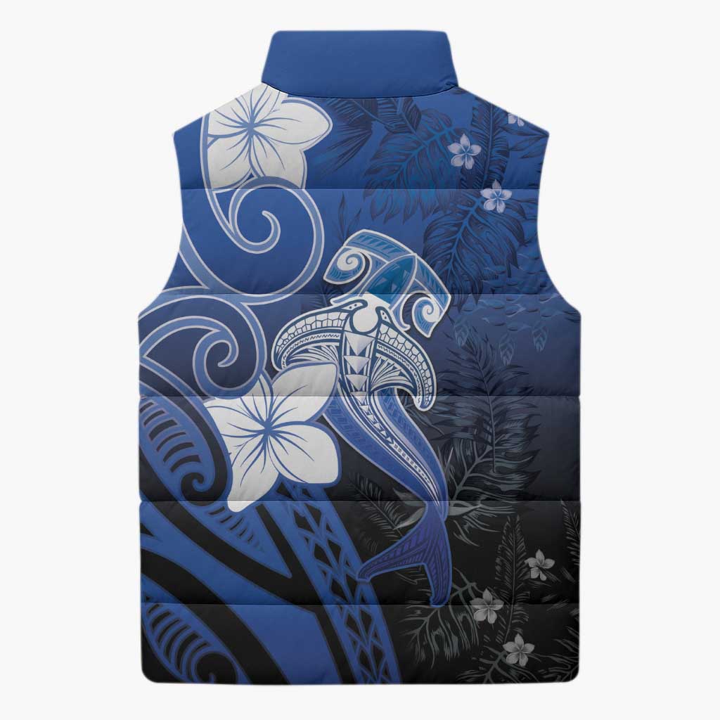 Polynesia Hammerhead Shark Sleeveless Puffer Jacket Blue Tribal Pattern With Plumeria LT05 - Polynesian Pride