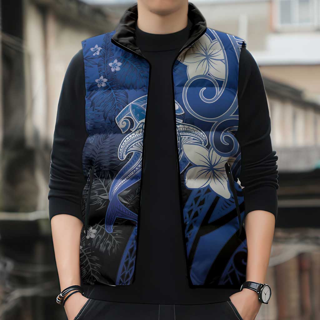 Polynesia Hammerhead Shark Sleeveless Puffer Jacket Blue Tribal Pattern With Plumeria LT05 - Polynesian Pride