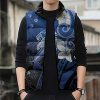 Polynesia Hammerhead Shark Sleeveless Puffer Jacket Blue Tribal Pattern With Plumeria LT05 - Polynesian Pride
