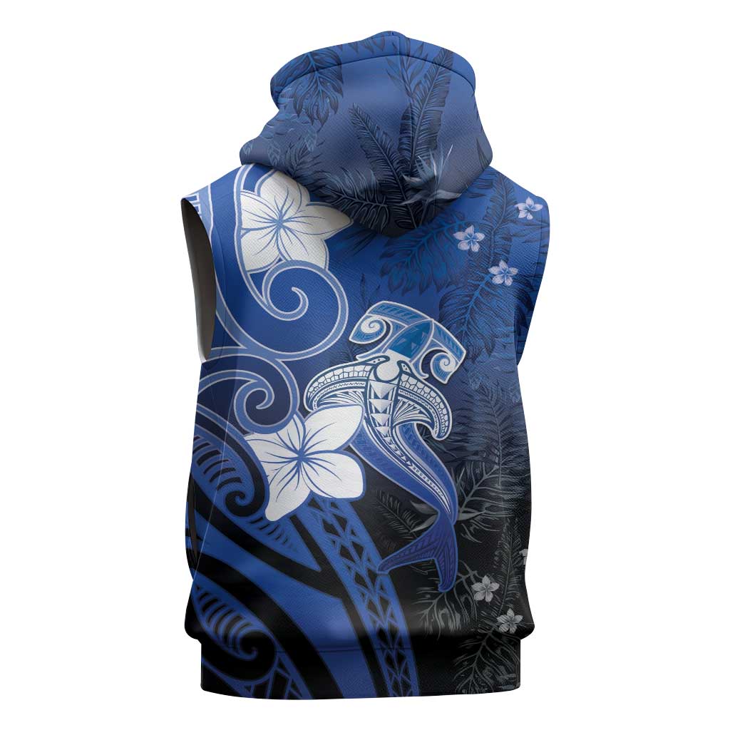 Polynesia Hammerhead Shark Sleeveless Zip Hoodie Blue Tribal Pattern With Plumeria LT05 - Polynesian Pride