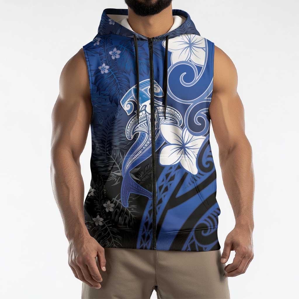 Polynesia Hammerhead Shark Sleeveless Zip Hoodie Blue Tribal Pattern With Plumeria LT05 - Polynesian Pride