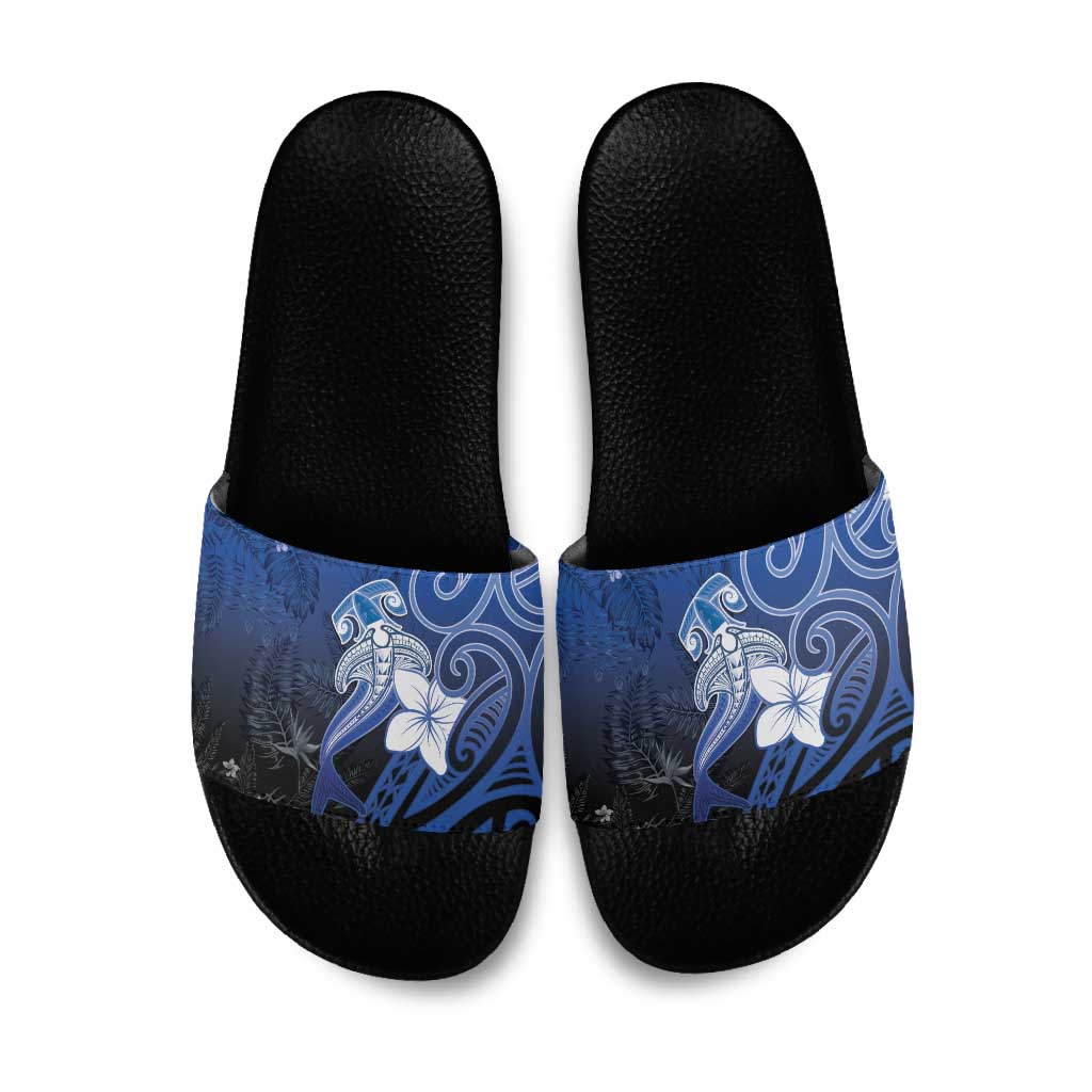 Polynesia Hammerhead Shark Slide Sandals Blue Tribal Pattern With Plumeria - Polynesian Pride