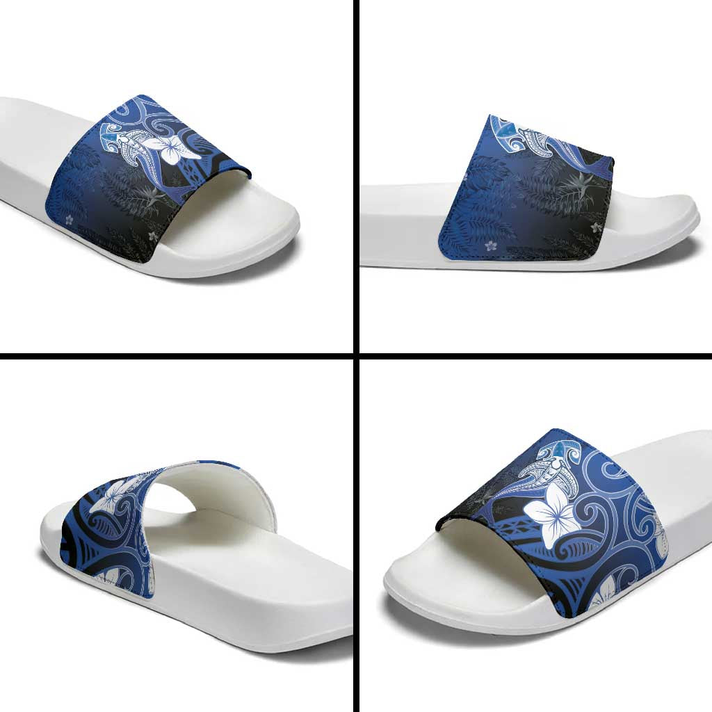 Polynesia Hammerhead Shark Slide Sandals Blue Tribal Pattern With Plumeria - Polynesian Pride