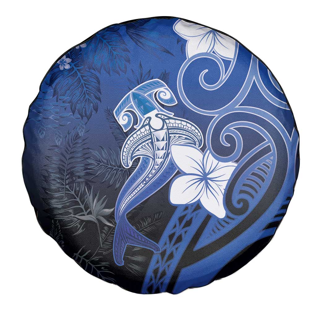 Polynesia Hammerhead Shark Spare Tire Cover Blue Tribal Pattern With Plumeria - Polynesian Pride