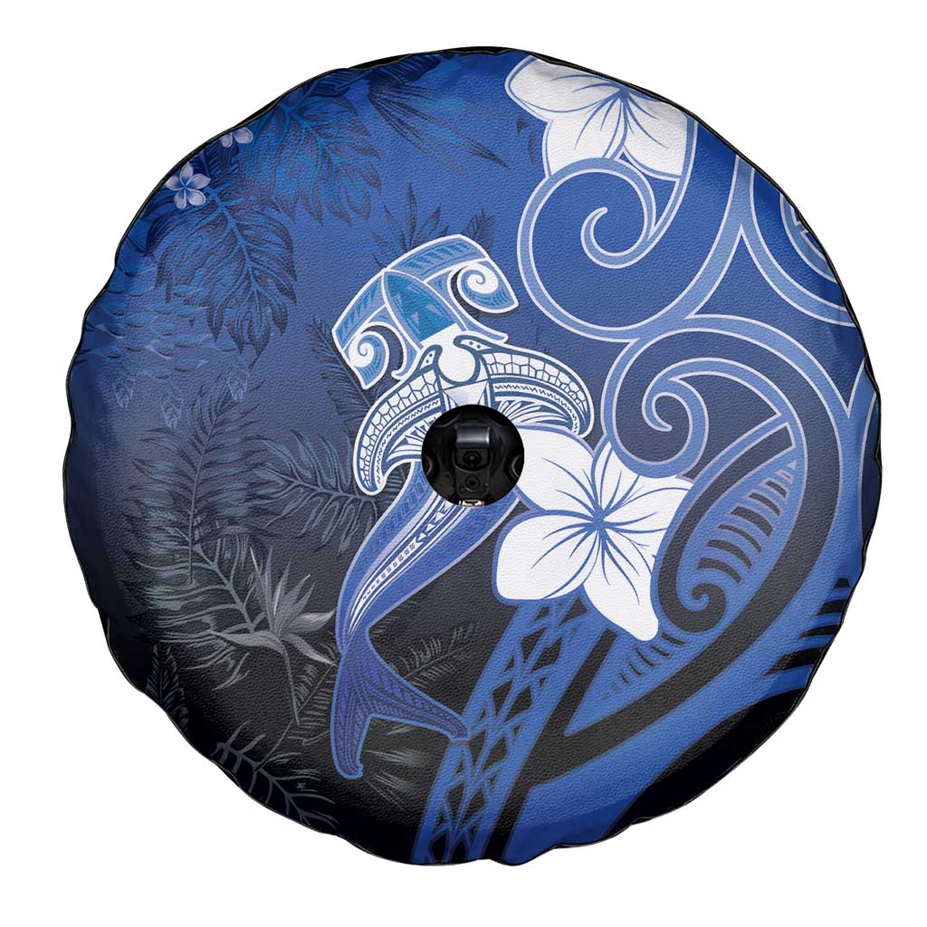 Polynesia Hammerhead Shark Spare Tire Cover Blue Tribal Pattern With Plumeria - Polynesian Pride