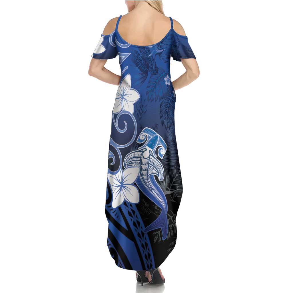 Polynesia Hammerhead Shark Summer Maxi Dress Blue Tribal Pattern With Plumeria - Polynesian Pride